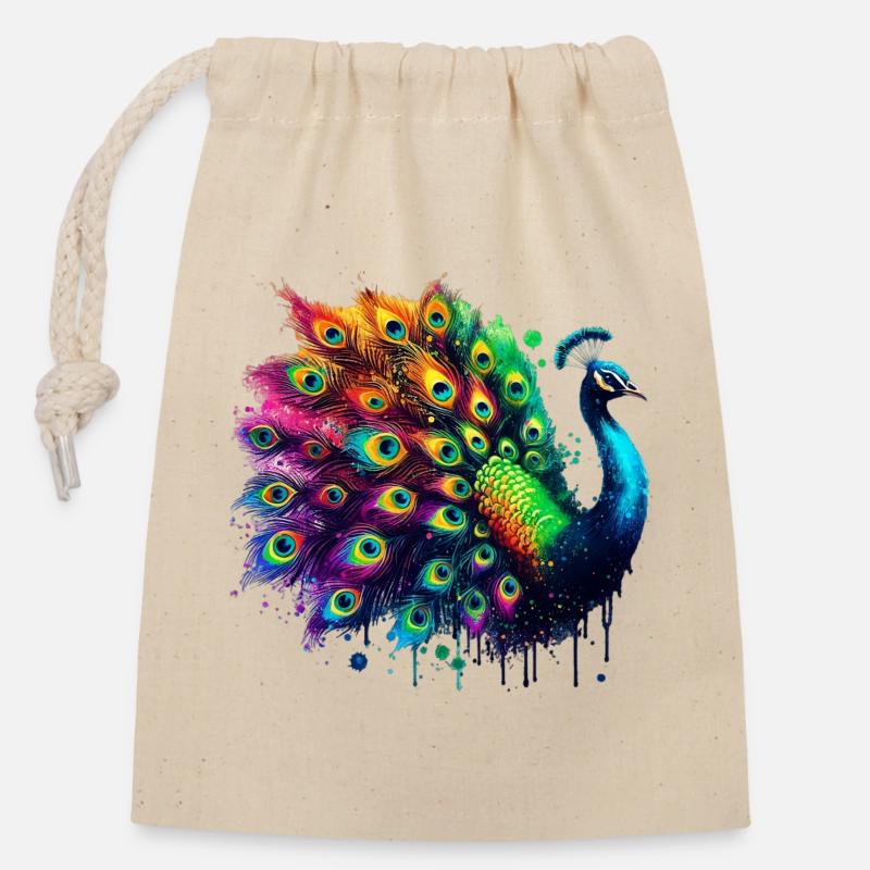 Pfau - Verschließbarer Geschenkbeutel aus Baumwolle (14x20cm) - Natur