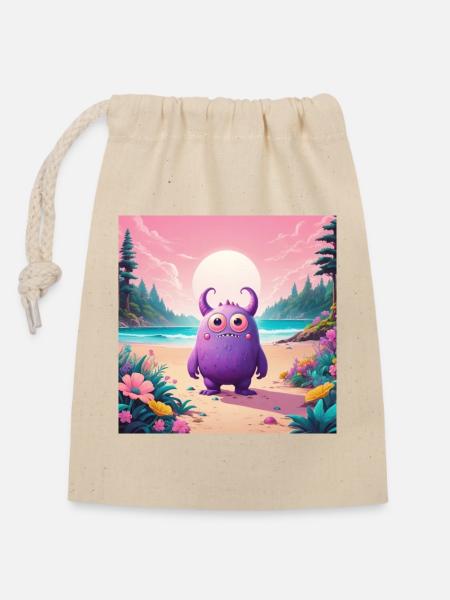 Petit monstre sur la plage - Sac cadeau en coton avec cordon (14 x 20 cm) - nature
