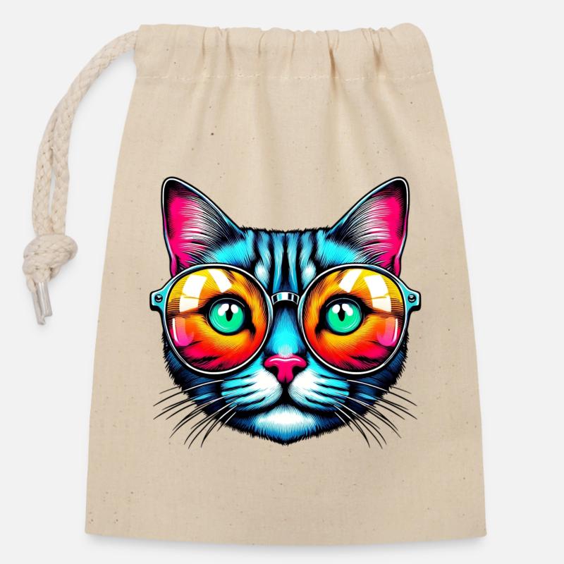 Chat avec des lunettes de soleil - Sac cadeau en coton avec cordon (14 x 20 cm) - nature