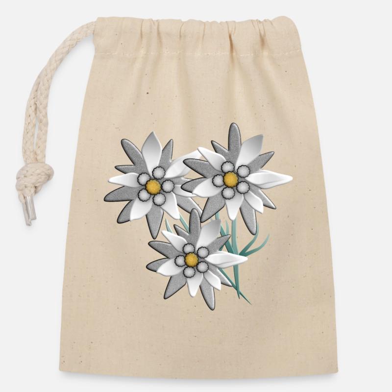 Imprimé fleur d’edelweiss blanc comme neige - Sac cadeau en coton avec cordon (14 x 20 cm) - nature