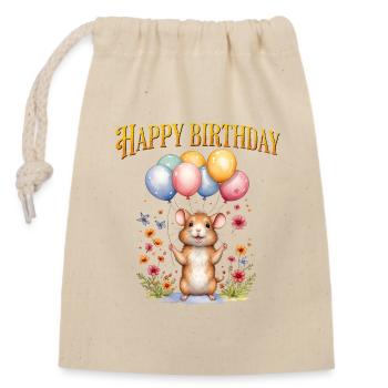 Joyeux anniversaire avec une souris mignonne et des ballons - Sac cadeau en coton avec cordon (14 x 20 cm) - nature - Devant