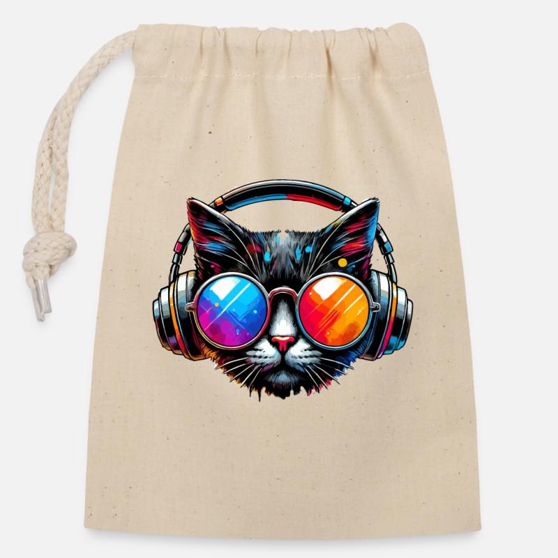 DJ Cat - Disco & Party Cat - Closable cotton gift bag (14x20cm) - nature