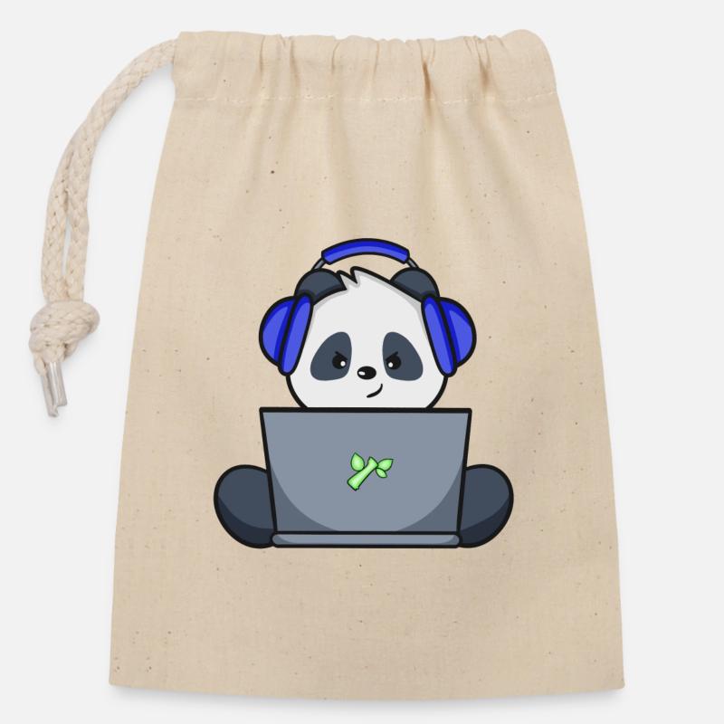 Gaming Panda mit blauem Headset - Verschließbarer Geschenkbeutel aus Baumwolle (14x20cm) - Natur