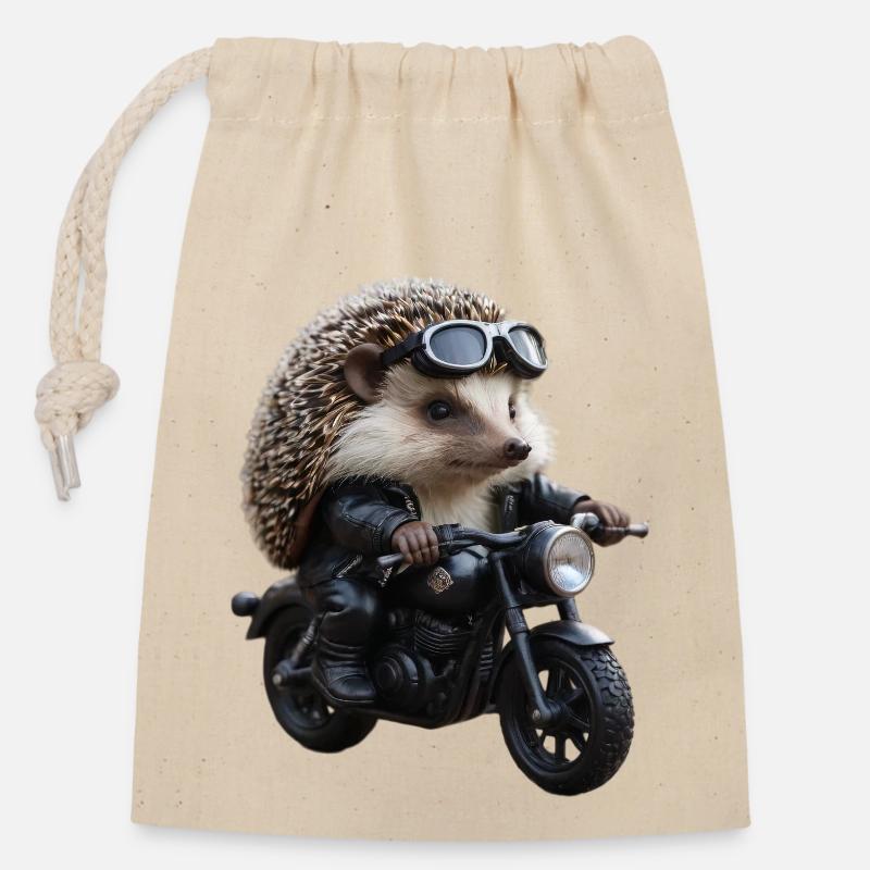 Herisson motard - Sac cadeau en coton avec cordon (14 x 20 cm) - nature