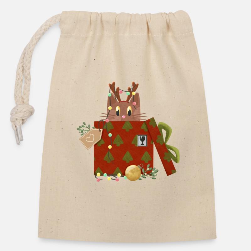 Katze in Weihnachtsgeschenk - Verschließbarer Geschenkbeutel aus Baumwolle (14x20cm) - Natur