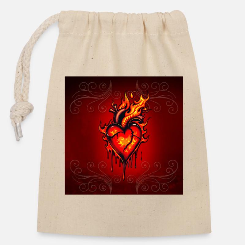 Flaming heart. - Closable cotton gift bag (14x20cm) - nature