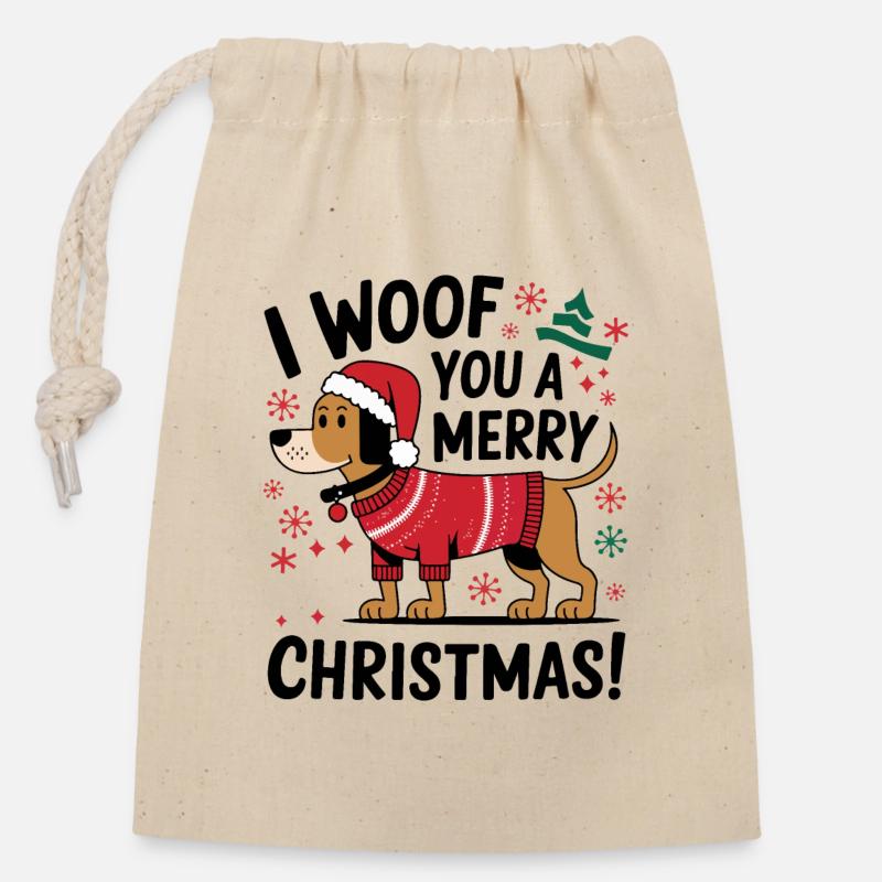 Festlicher Hund im Weihnachtspullover - Verschließbarer Geschenkbeutel aus Baumwolle (14x20cm) - Natur