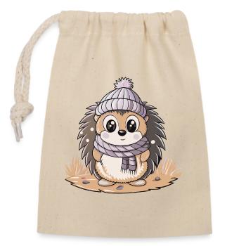 Cute hedgehog with scarf and bobble hat. - Closable cotton gift bag (14x20cm) - nature - Front