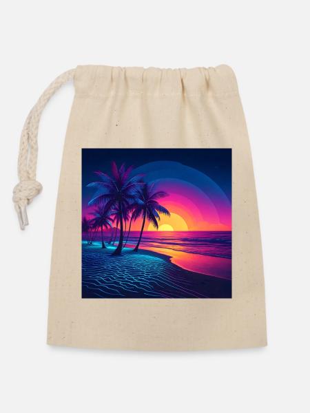 Neon Sonnenuntergang Palmenstrand - Verschließbarer Geschenkbeutel aus Baumwolle (14x20cm) - Natur