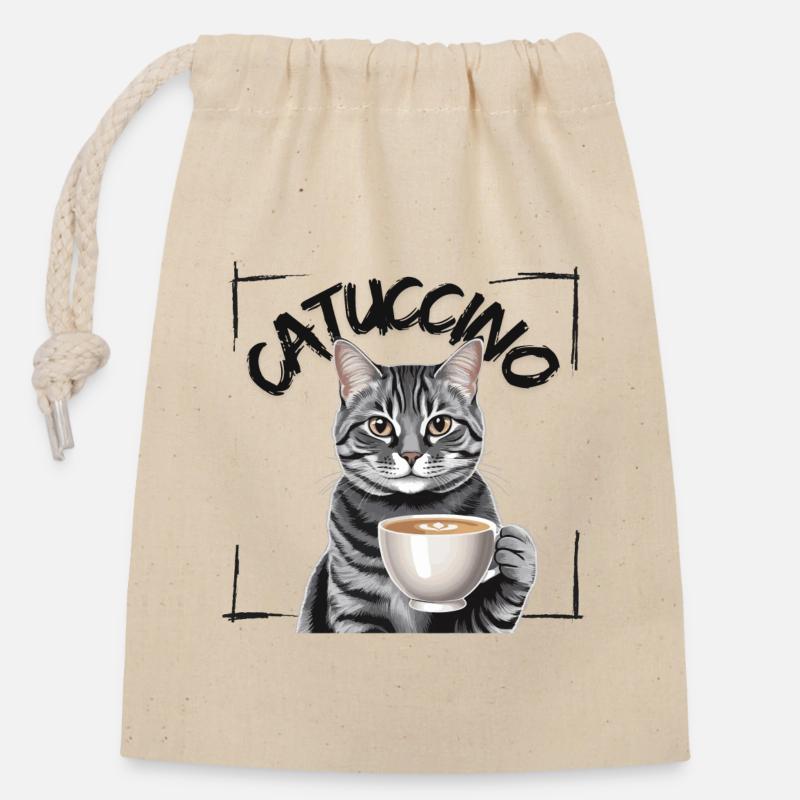 Catuccino Katze mit Tasse Kaffee - Verschließbarer Geschenkbeutel aus Baumwolle (14x20cm) - Natur