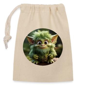 Grüner Fantasie-Waldkobold mit großen Augen - Verschließbarer Geschenkbeutel aus Baumwolle (14x20cm) - Natur - Vorne