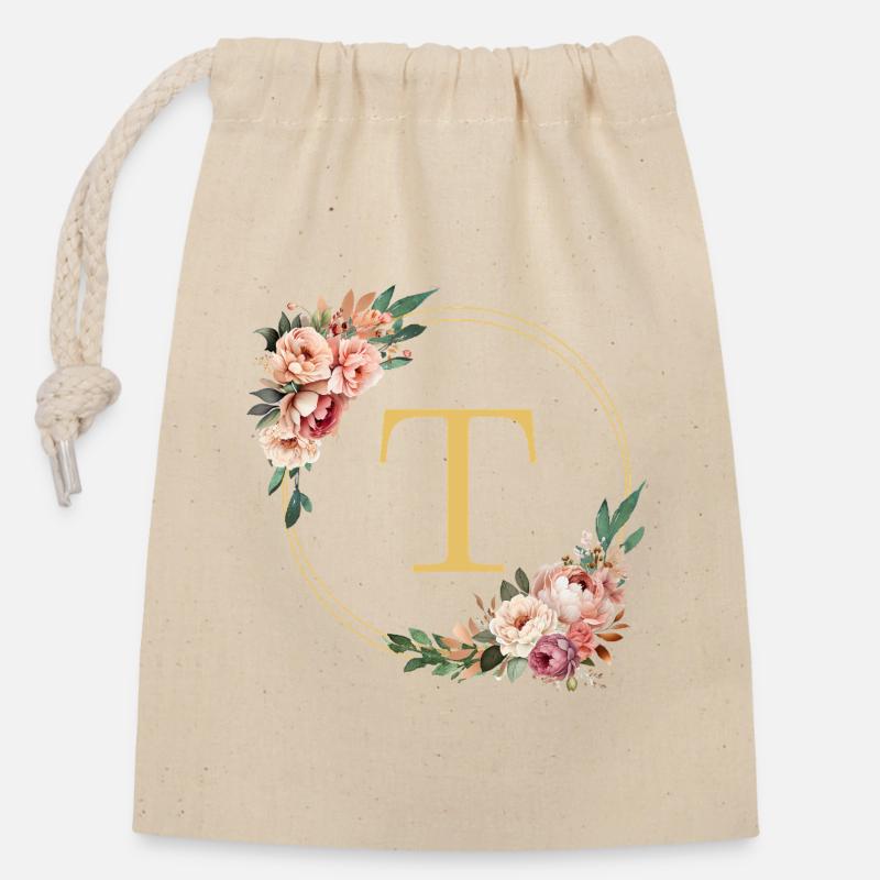 T Monogramm, Blumen-Kranz, personalisierbar - Verschließbarer Geschenkbeutel aus Baumwolle (14x20cm) - Natur
