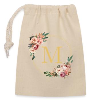 M Monogram, Couronne de fleurs, Personnalisable - Sac cadeau en coton avec cordon (14 x 20 cm) - nature - Devant