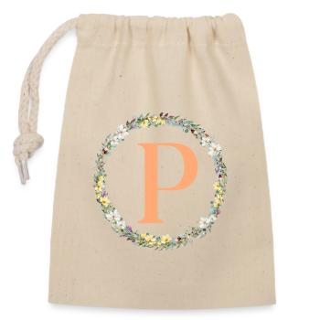 P Monogram, Couronne de fleurs, Personnalisable - Sac cadeau en coton avec cordon (14 x 20 cm) - nature - Devant