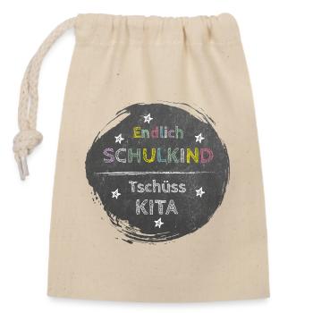 Endlich Schulkind - Tschüss Kita | Tafel Design - Verschließbarer Geschenkbeutel aus Baumwolle (14x20cm) - Natur - Vorne