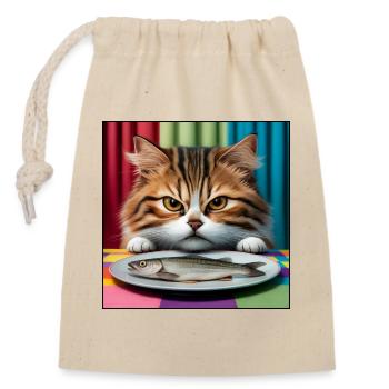 Cat with fish - Closable cotton gift bag (14x20cm) - nature - Front