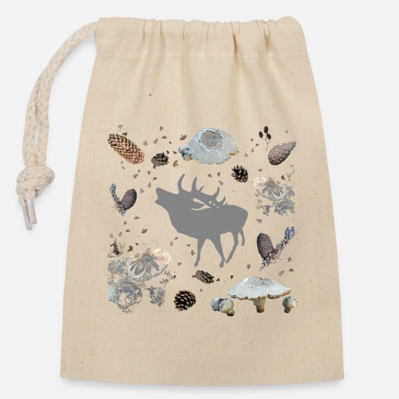 Cerf aux pommes de pin et champignons - Sac cadeau en coton avec cordon (14 x 20 cm) - nature