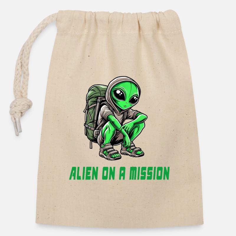 Alien en mission - Sac cadeau en coton avec cordon (14 x 20 cm) - nature