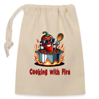 Cuisiner avec le feu - Sac cadeau en coton avec cordon (14 x 20 cm) - nature - Devant