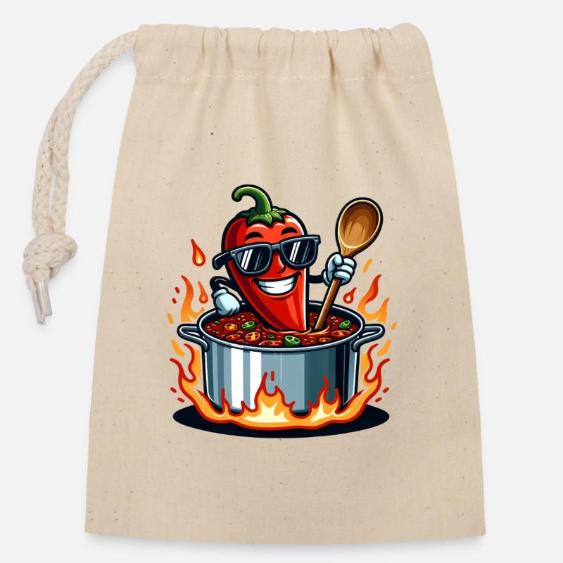 Cuisiner avec le feu - Sac cadeau en coton avec cordon (14 x 20 cm) - nature
