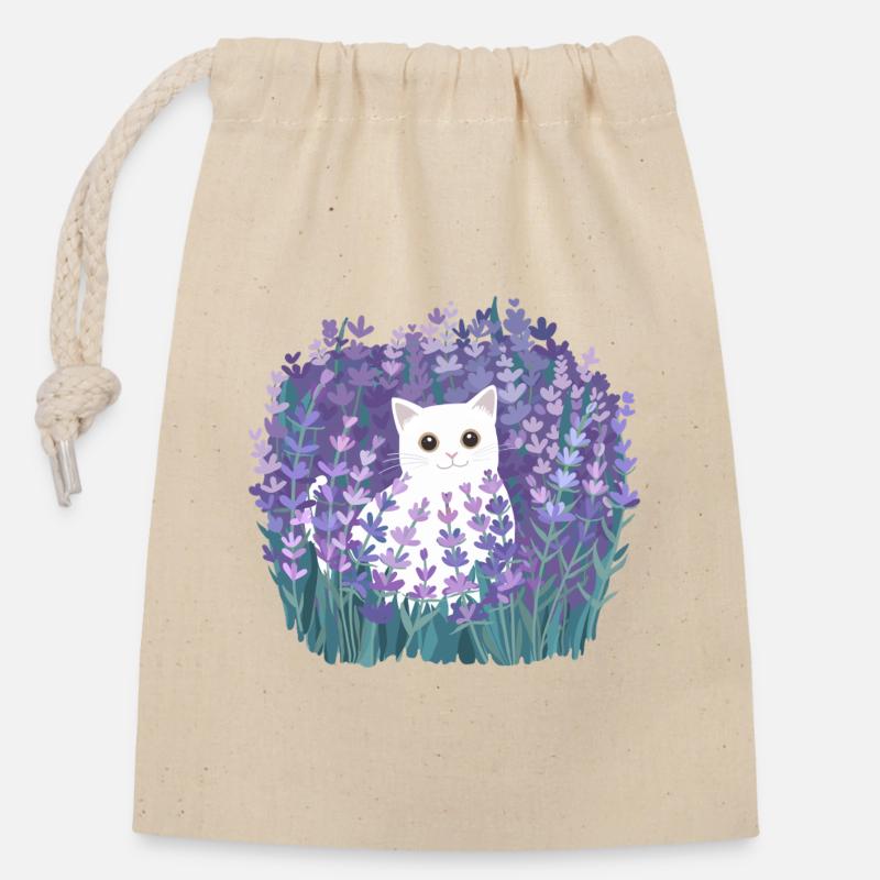 Mignon chat blanc parmi les fleurs de lavande, Cottagecore - Sac cadeau en coton avec cordon (14 x 20 cm) - nature