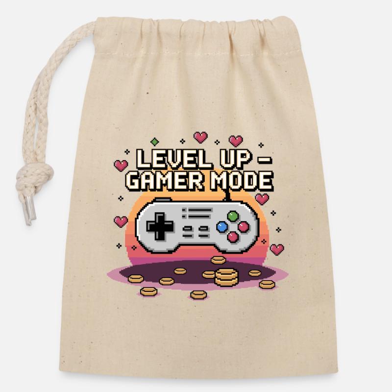 Level Up – Gamer Mode - Verschließbarer Geschenkbeutel aus Baumwolle (14x20cm) - Natur