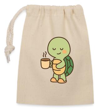 Tortue avec une tasse de café (à gauche) - Sac cadeau en coton avec cordon (14 x 20 cm) - nature - Devant
