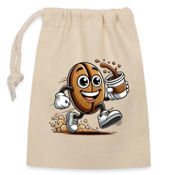 Coffee to Go – Fröhliche Kaffeebohne - Verschließbarer Geschenkbeutel aus Baumwolle (14x20cm) - Natur - Vorne