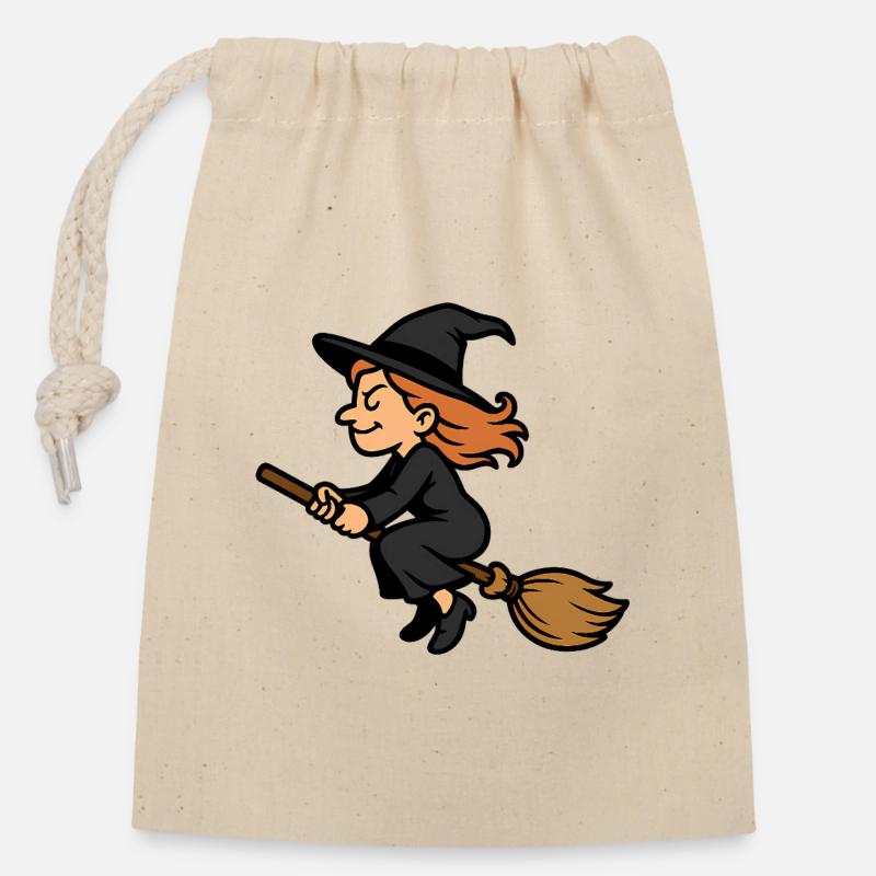 Drôle de sorcière sur balai – Motif de sorcière de dessin animé - Sac cadeau en coton avec cordon (14 x 20 cm) - nature