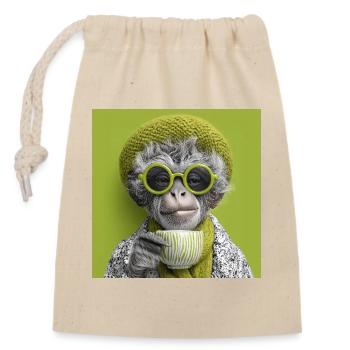 Stylisher Affe mit Sonennbrille und Kaffeetasse - Verschließbarer Geschenkbeutel aus Baumwolle (14x20cm) - Natur - Vorne