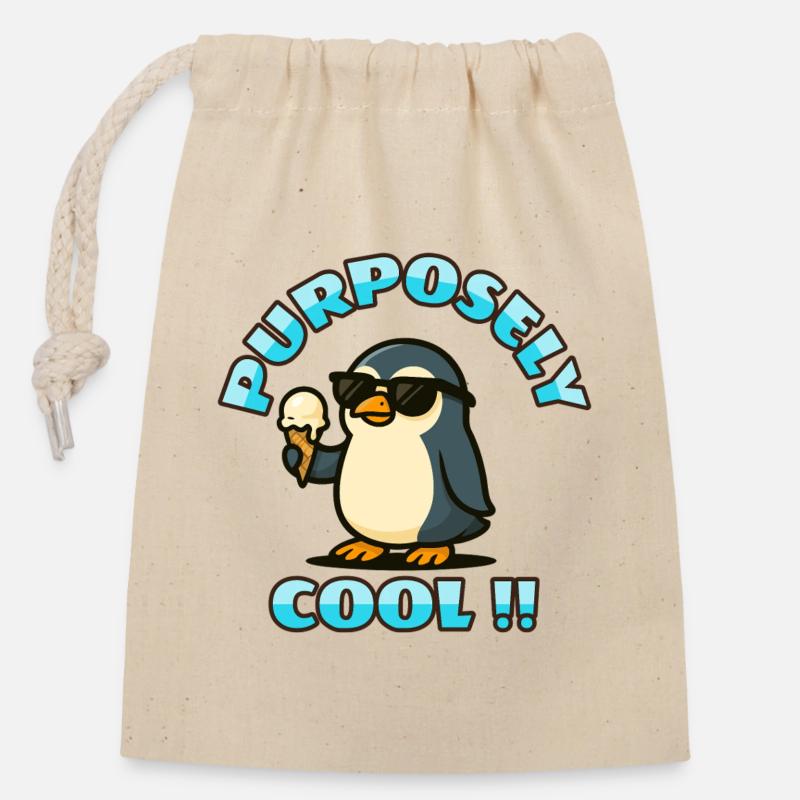 Cooler Pinguin mit Eis - Verschließbarer Geschenkbeutel aus Baumwolle (14x20cm) - Natur