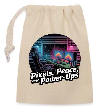 Pixels, Peace & Power-Ups – Gaming Setup - Closable cotton gift bag (14x20cm) - nature - Front