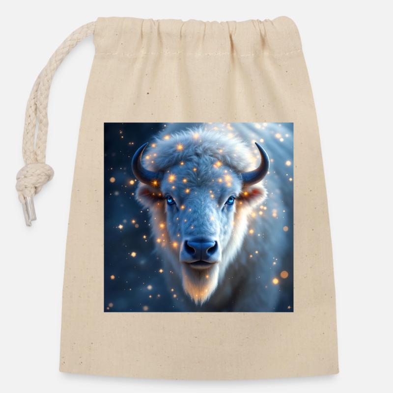 Animal Totem Bison Blanc - Sac cadeau en coton avec cordon (14 x 20 cm) - nature