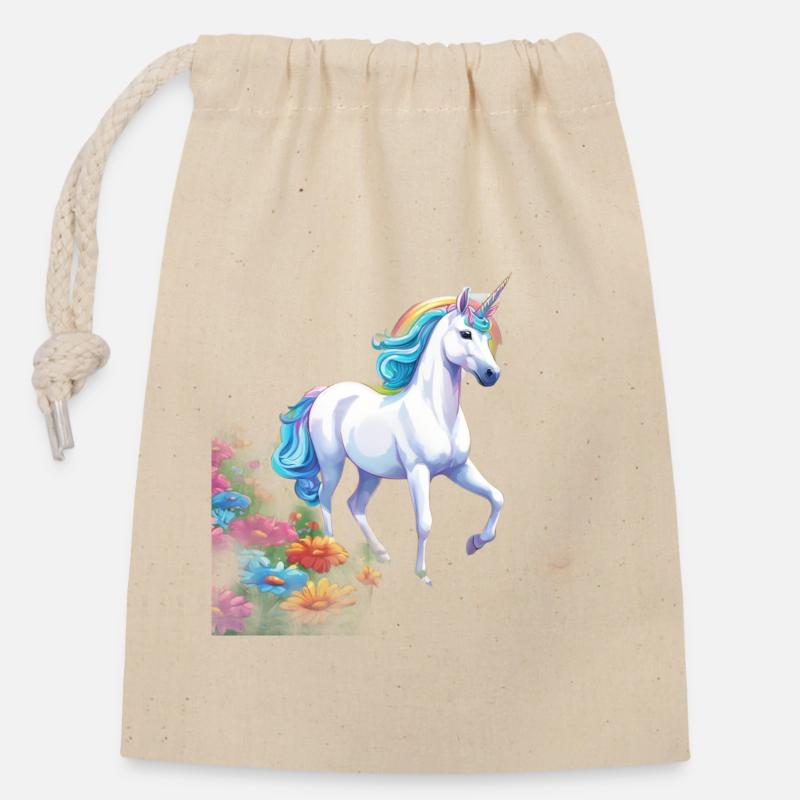 Anmutiges Einhorn mit Regenbogenmähne im Blütenmee - Verschließbarer Geschenkbeutel aus Baumwolle (14x20cm) - Natur
