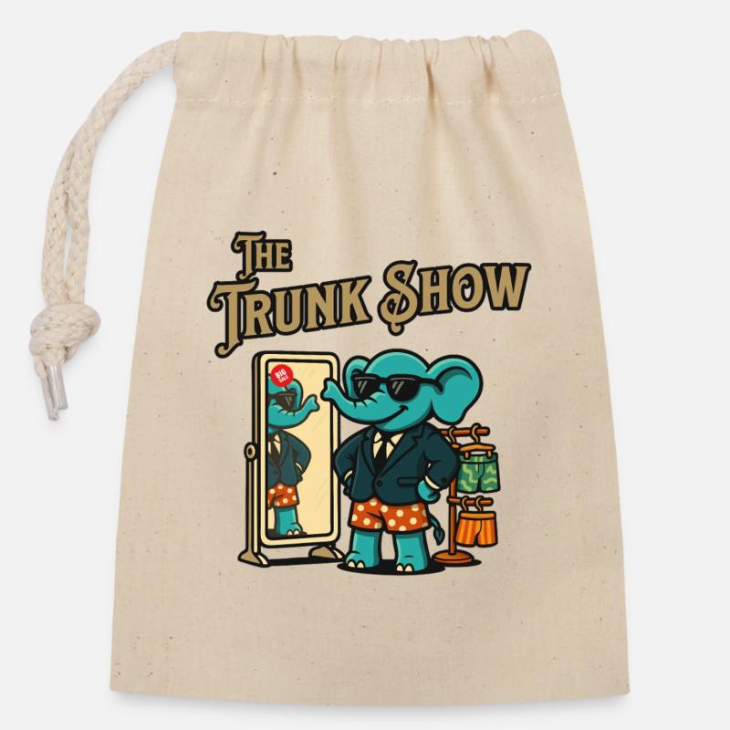 Trunk Show Elefant im Smoking und Badehose - Verschließbarer Geschenkbeutel aus Baumwolle (14x20cm) - Natur