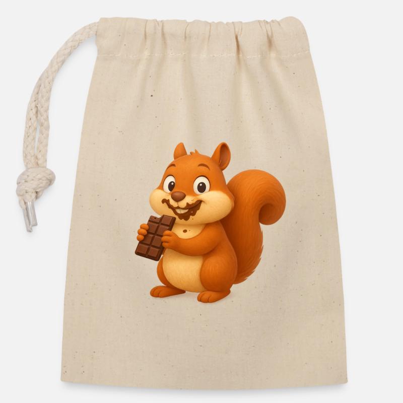 ecureuil et chocolat - Sac cadeau en coton avec cordon (14 x 20 cm) - nature