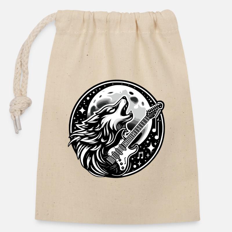 Loup Musical Lune Design - Sac cadeau en coton avec cordon (14 x 20 cm) - nature