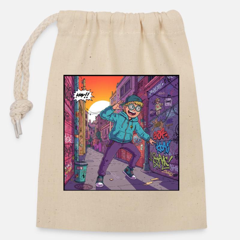 Jugendlicher Streetstyle in Graffiti-Straße - Verschließbarer Geschenkbeutel aus Baumwolle (14x20cm) - Natur