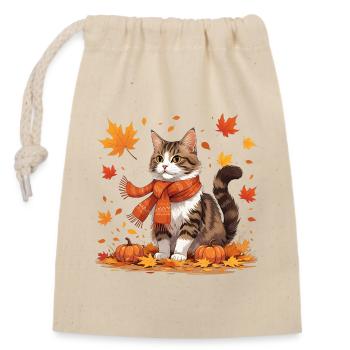 Chat d’automne avec des citrouilles - Sac cadeau en coton avec cordon (14 x 20 cm) - nature - Devant