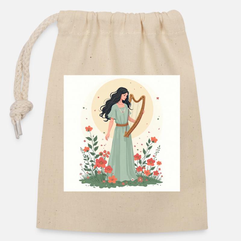 Déesse de la musique avec harpe florale - Sac cadeau en coton avec cordon (14 x 20 cm) - nature