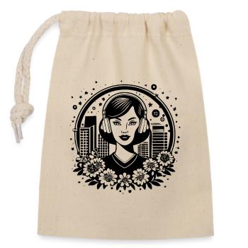 Skyline high-rise façade – woman with headphones - Closable cotton gift bag (14x20cm) - nature - Front