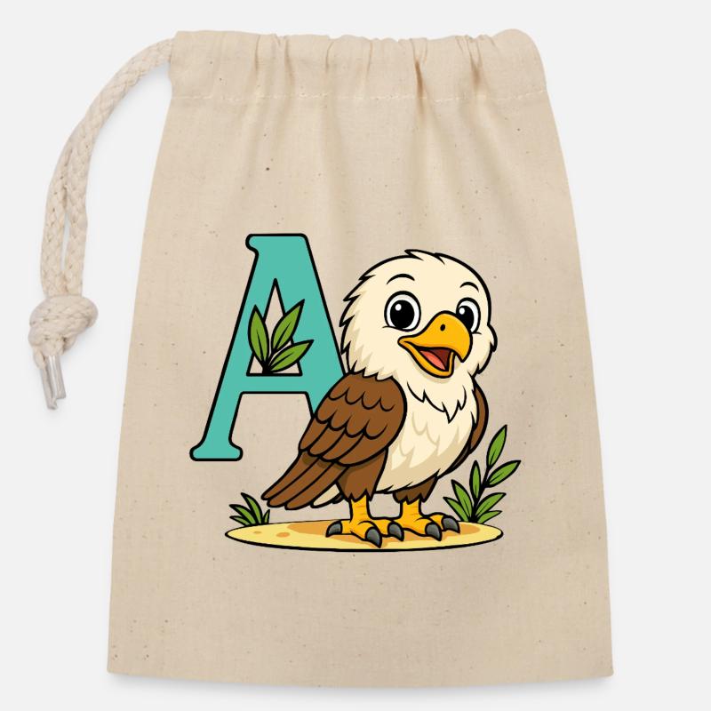 Niedlicher Adler mit Initiale A und Laub - Verschließbarer Geschenkbeutel aus Baumwolle (14x20cm) - Natur