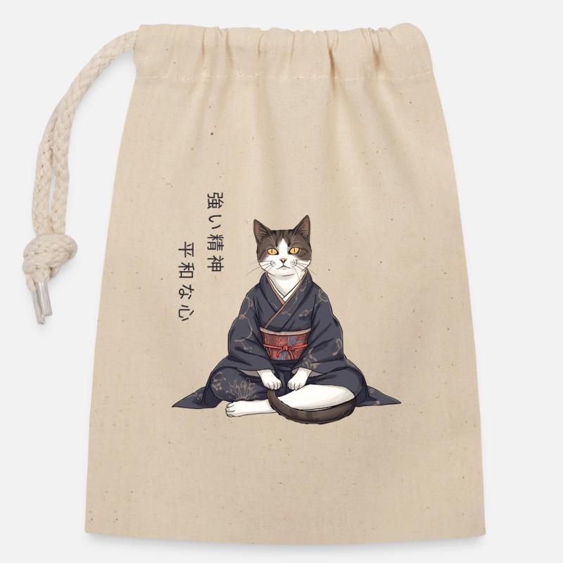 Chat d'anime moderne en kimono – Méditation zen - Sac cadeau en coton avec cordon (14 x 20 cm) - nature