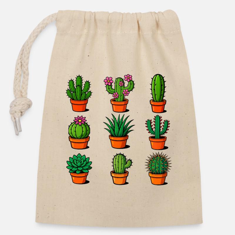 Divers cactus dans des pots en terre cuite - Sac cadeau en coton avec cordon (14 x 20 cm) - nature