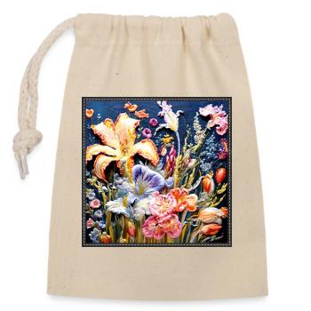 Motif floral en technique de broderie sur bleu foncé - Sac cadeau en coton avec cordon (14 x 20 cm) - nature - Devant