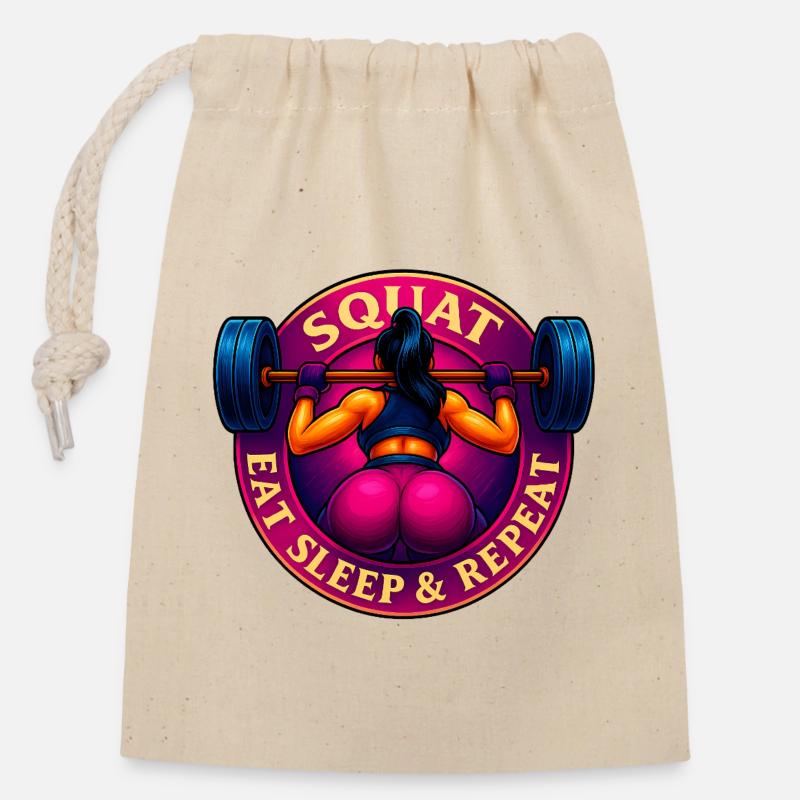 Squat, Eat, Sleep & Repeat ! - Sac cadeau en coton avec cordon (14 x 20 cm) - nature