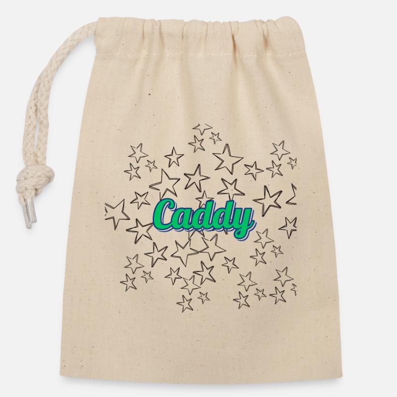 Leuchtender Caddy Schriftzug mit Sternen - Verschließbarer Geschenkbeutel aus Baumwolle (14x20cm) - Natur