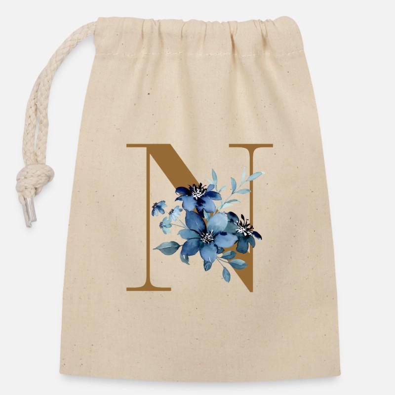 Buchstabe N mit blauen Blumen - Verschließbarer Geschenkbeutel aus Baumwolle (14x20cm) - Natur