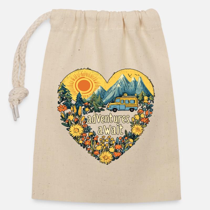 Des aventures de camping vous attendent - Sac cadeau en coton avec cordon (14 x 20 cm) - nature