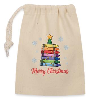 Weihnachtsbaum aus Buntstiften mit Sternen - Verschließbarer Geschenkbeutel aus Baumwolle (14x20cm) - Natur - Vorne